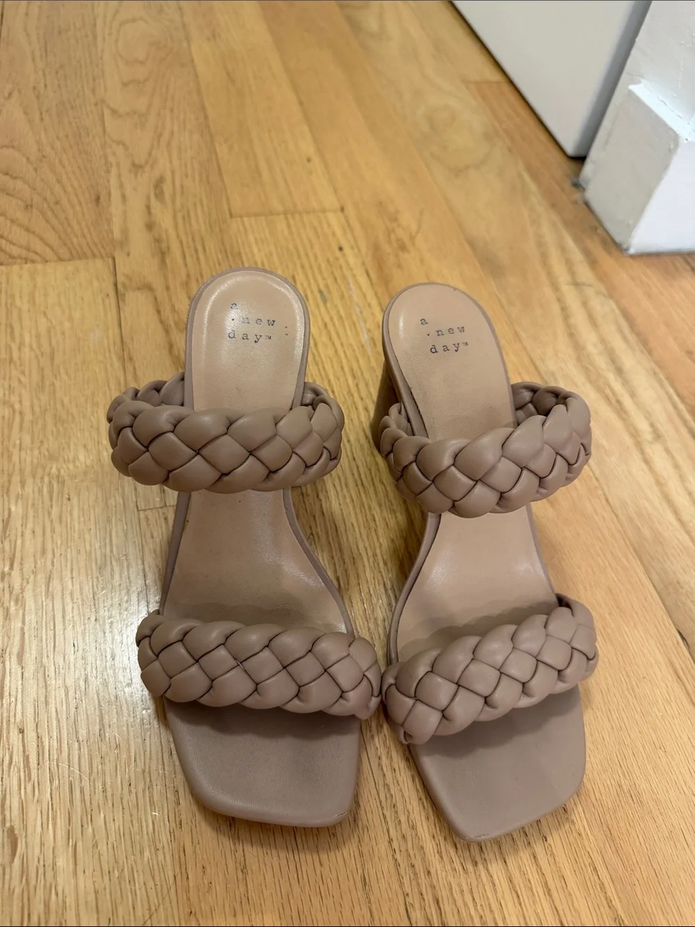 a new day Braided Double-Strap Block Heel Sandals in Taupe